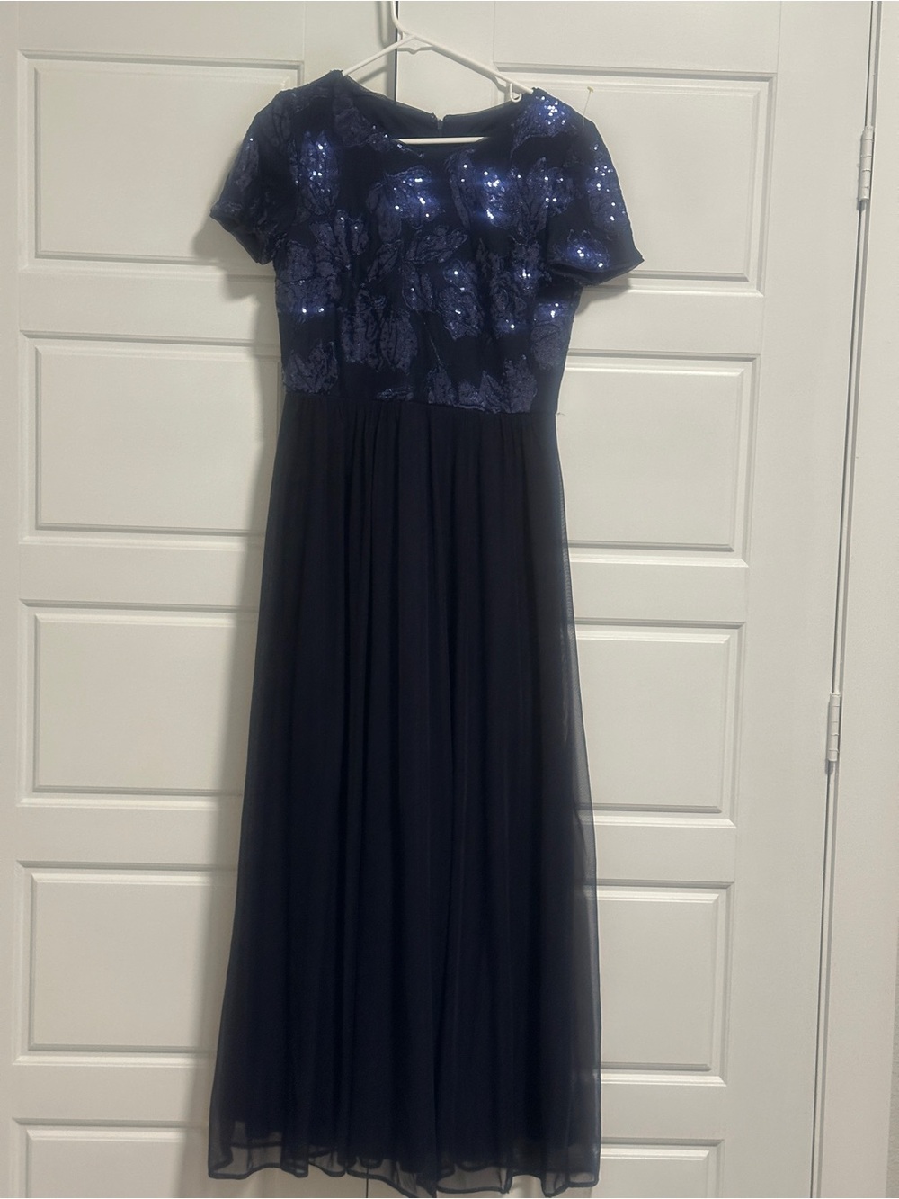 R&M Richards Navy Sequin Lace Bodice Chiffon Maxi Dress